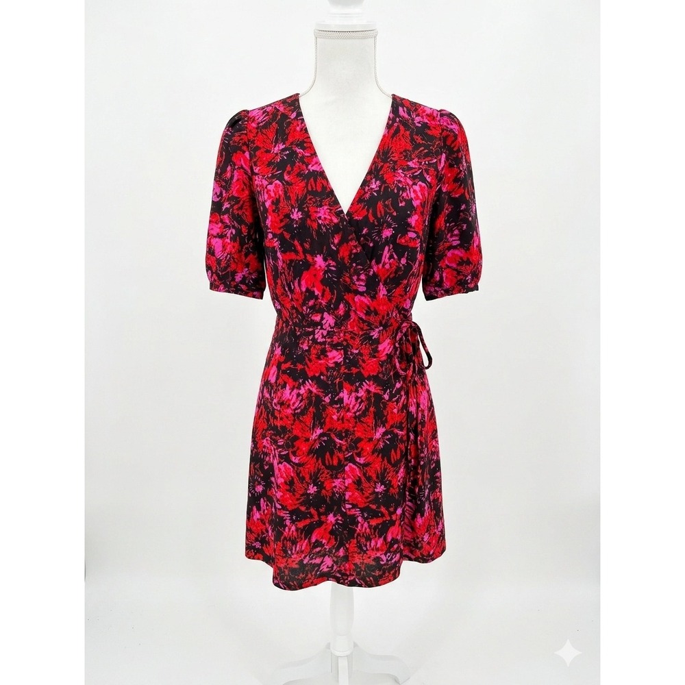 The Kooples Red Pink Floral Silk Wrap Dress VNeck Short Sleeve FROB24152K Size 1